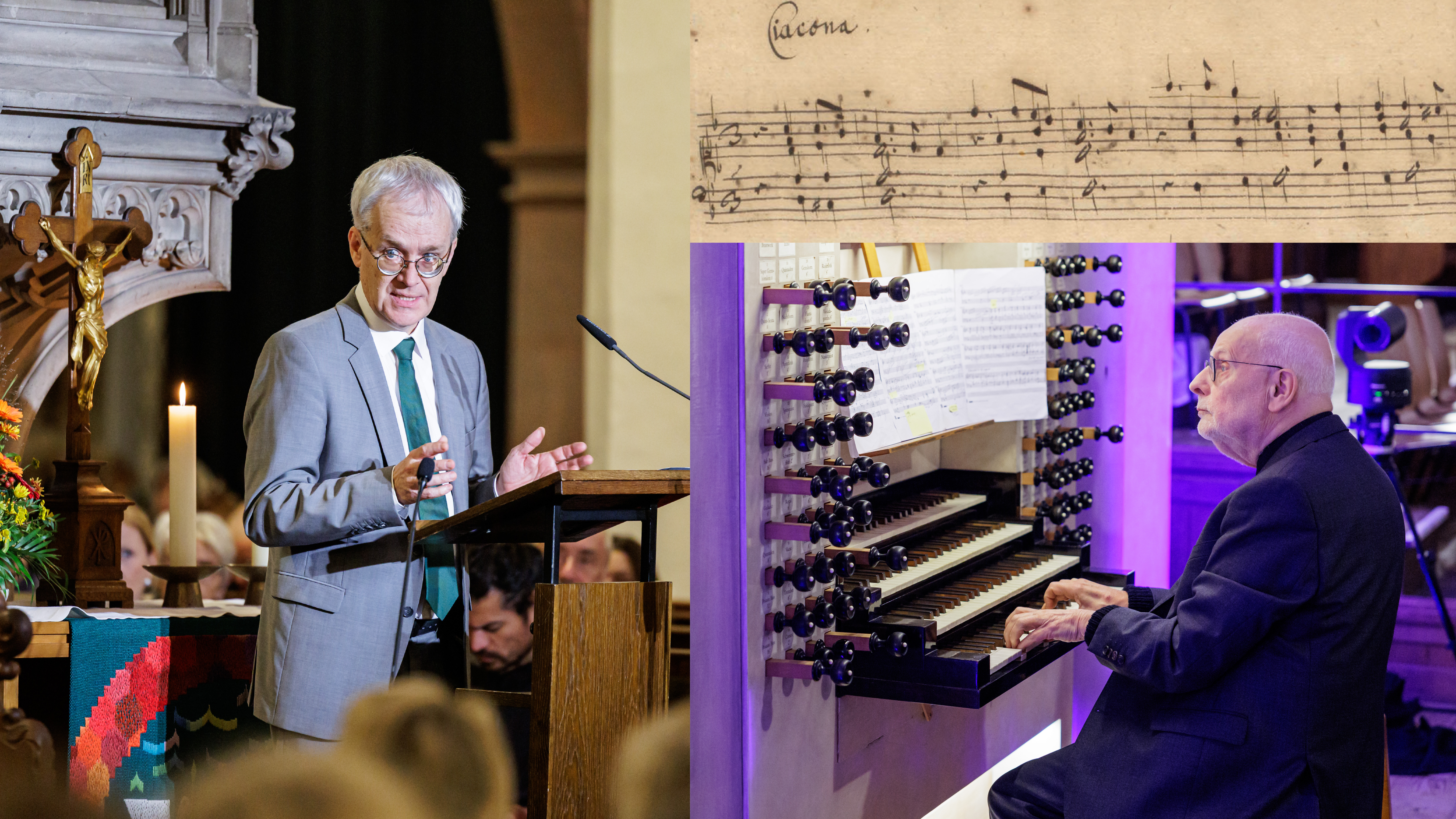 Bildcollage: links steht ein Mann am Rednerpult vor einer Kanzel und spricht gerade, oben ist eine Notenhandschrift zu sehen, rechts spielt ein anderer Mann Orgel.