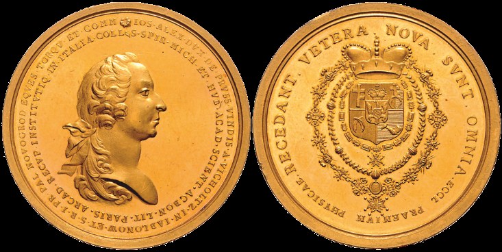 Medaille mit der Darstellung der Vor- und Rückseite. Vorderseite: Konterfei des Stifters Józef Aleksander Jabłonowski, Rückseite: Wappen. 